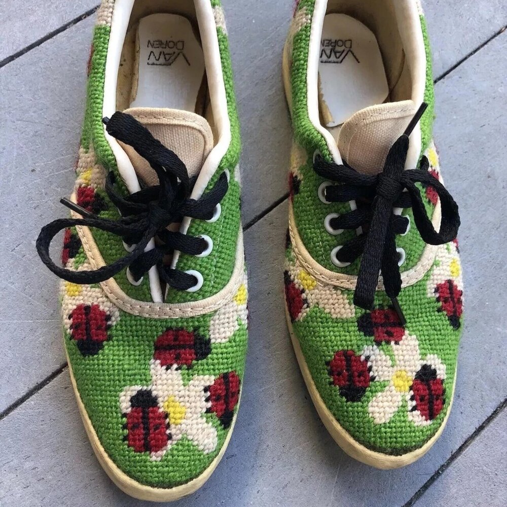 Rare 1970s Vintage Van Doren Needlepoint Ladybugs Shoes